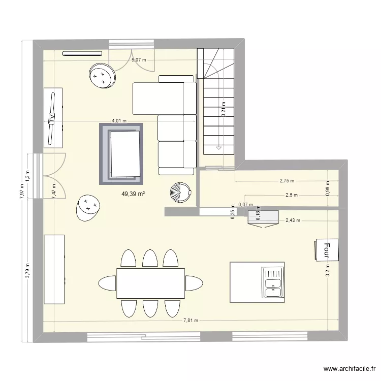 mjo piece de vie. Plan de 1  et 49 m²