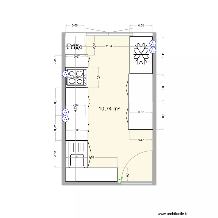 cuisine. Plan de 1  et 11 m²
