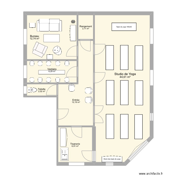 arquebuse yoga studio. Plan de 7 pièces et 87 m2