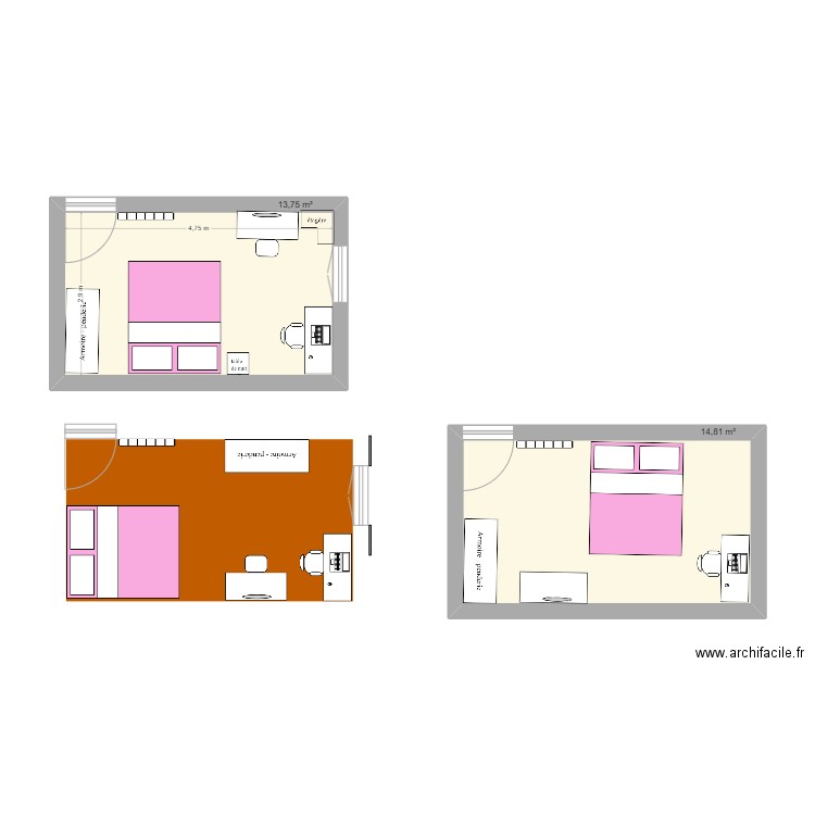 chambre. Plan de 3 pièces et 43 m2