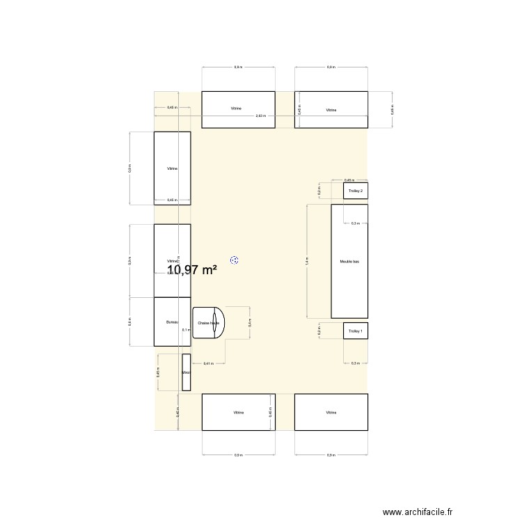Corner PRH comptoir. Plan de 1 pièce et 11 m2