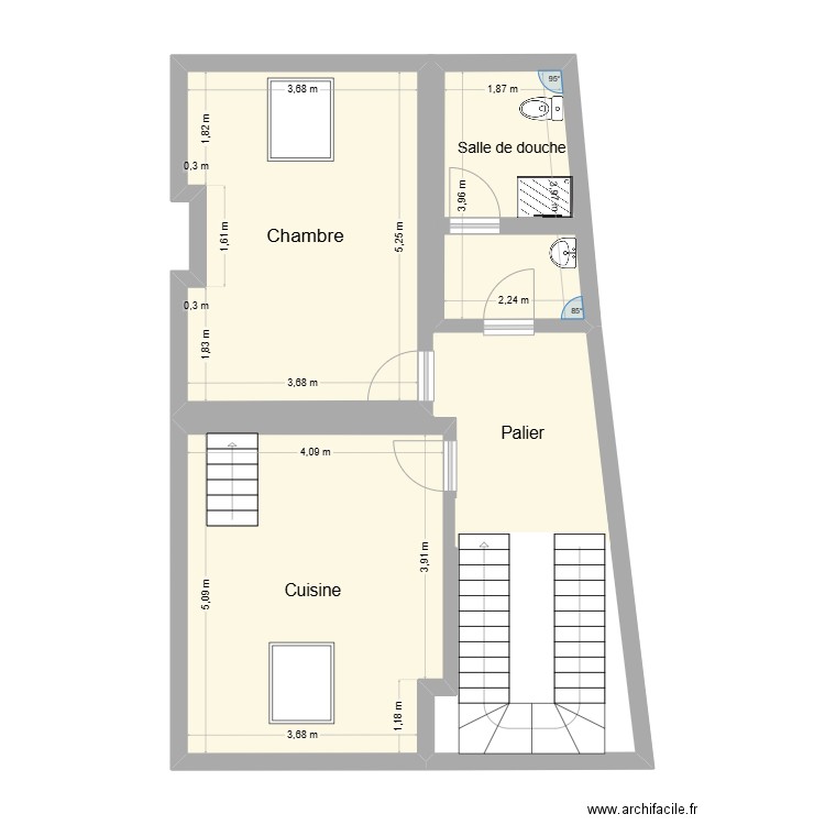 245 bld existant. Plan de 4 pièces et 54 m2