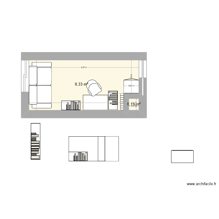 ch O. Plan de 2 pièces et 9 m2