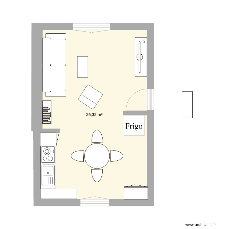 salon/cuisine sans ouverture cuisine. Plan de 1 pièce et 25 m2