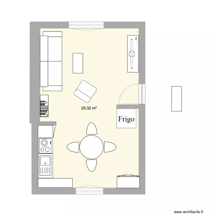 salon/cuisine sans ouverture cuisine. Plan de 