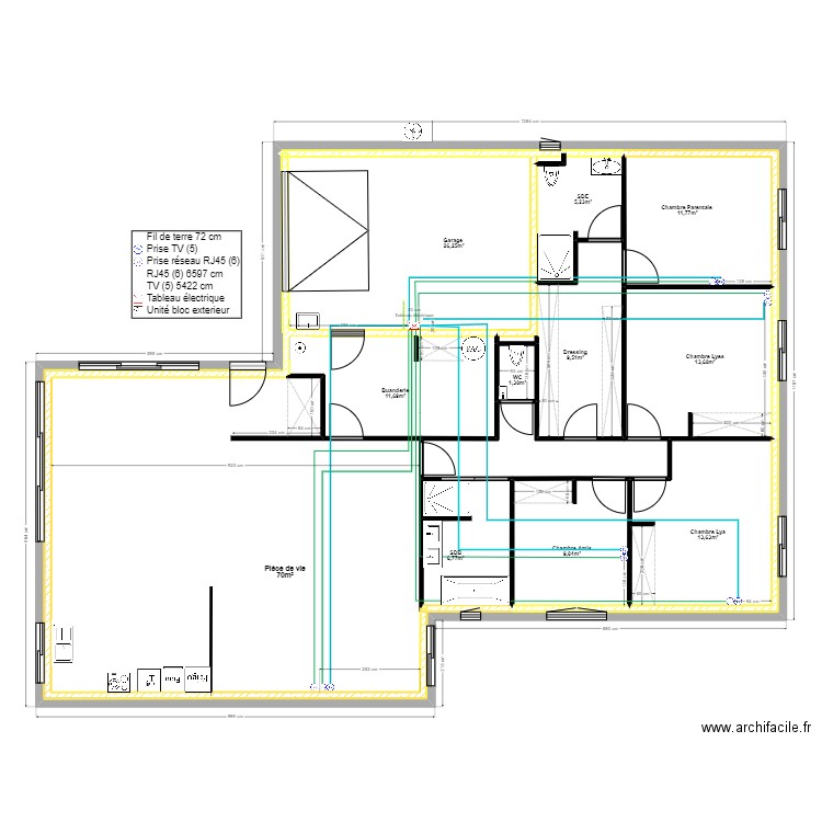 Electricité RJ45 & TV. Plan de 11 pièces et 185 m2