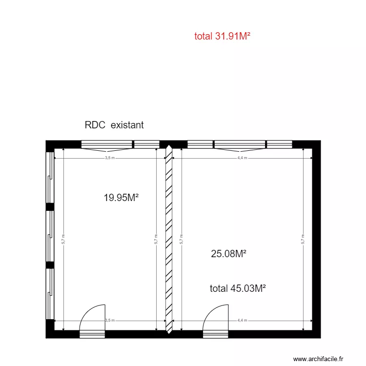 villenauxe  existant. Plan de 2  et 45 m²