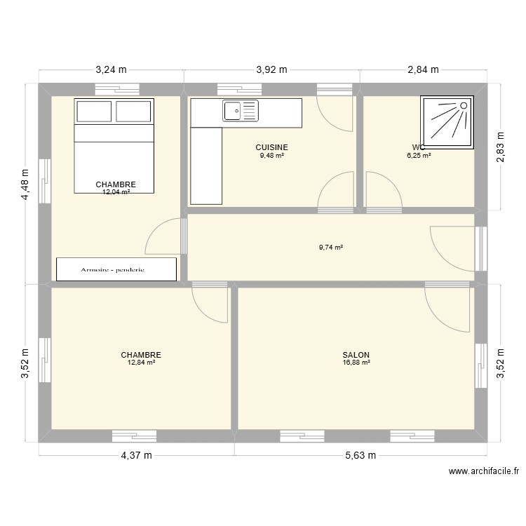 MAISON 10m X 8m. Plan de 6 pièces et 67 m2