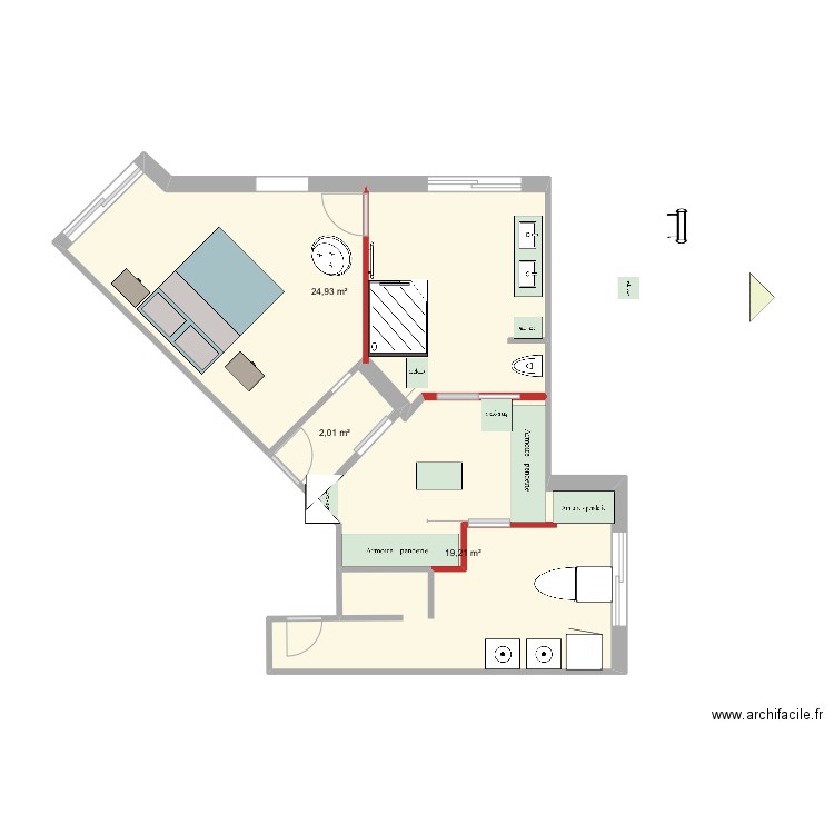 Sdb 3 sans extension . Plan de 3 pièces et 46 m2