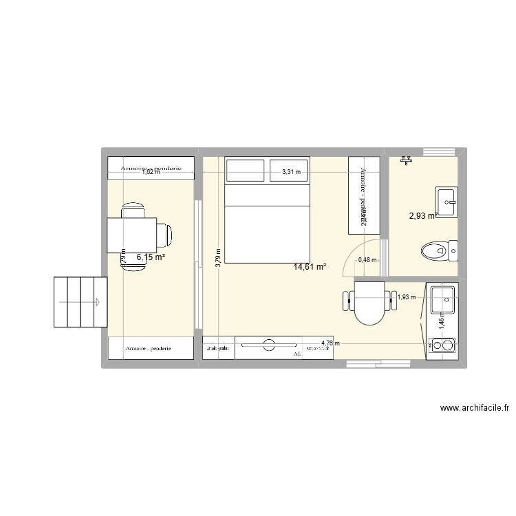 red temple 1. Plan de 3 pièces et 24 m2