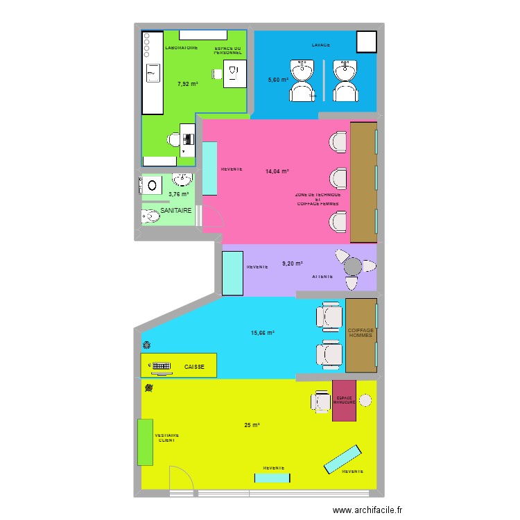 salon coiffure. Plan de 7 pièces et 137 m2