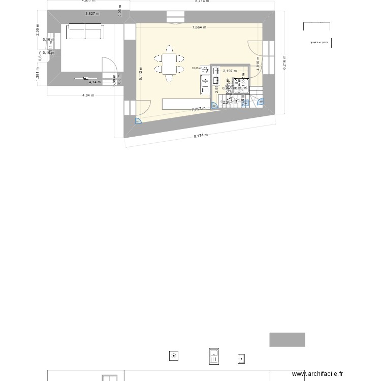 aiguilles 1 etage. Plan de 2 pièces et 47 m2