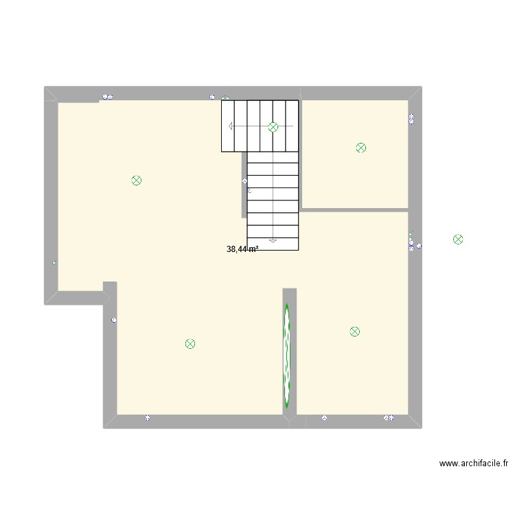 le rez chaussée. Plan de 1 pièce et 38 m2