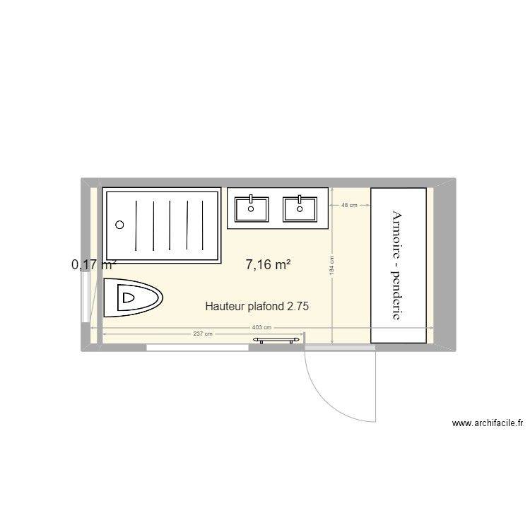 SDB BOUR RDC. Plan de 2 pièces et 7 m2