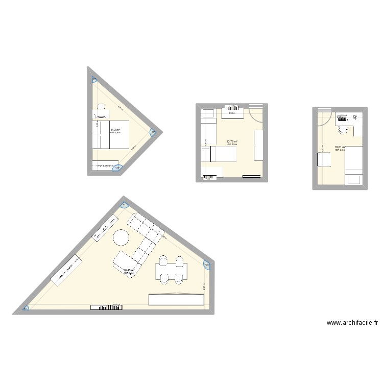plan appart biscornu. Plan de 4 pièces et 74 m2