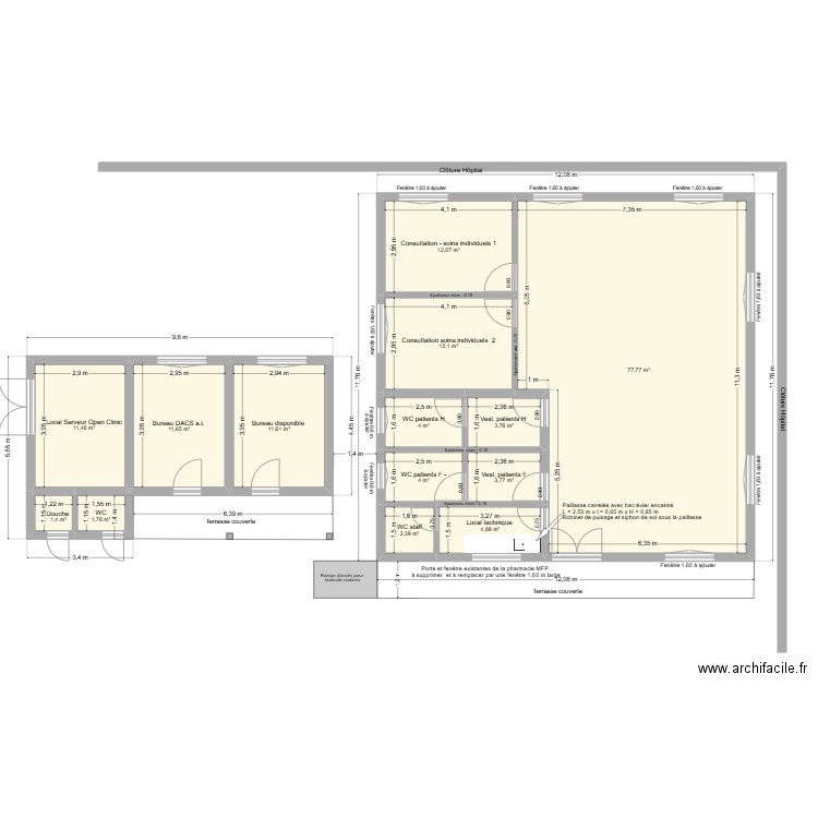 HDS de Kabezi - Bâtiment transformé pour service de kinésithérapie. Plan de 14 pièces et 163 m2