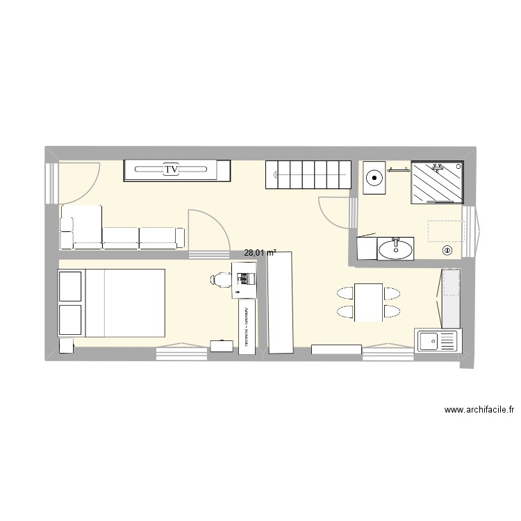 vue de coté. Plan de 1 pièce et 28 m2