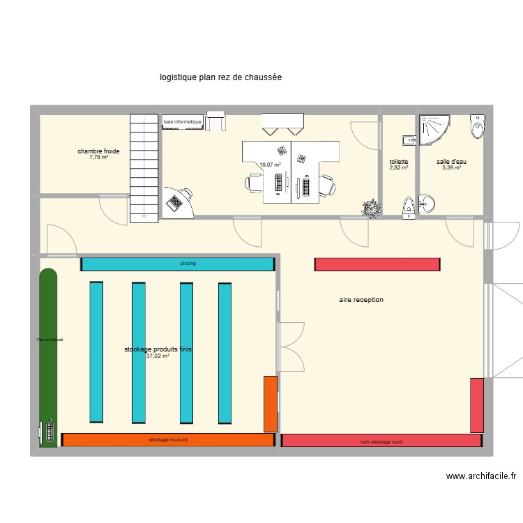 logistique rez de chaussée. Plan de 6 pièces et 118 m2