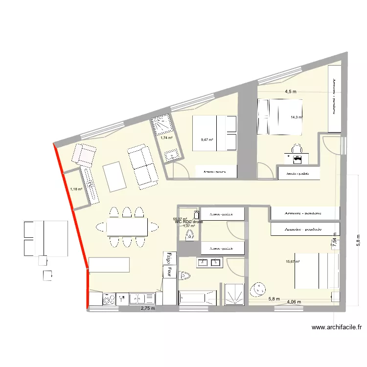 Plateau MG 2. Plan de 9  et 102 m²