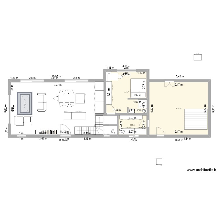 Longère 5 m. Plan de 3 pièces et 58 m2