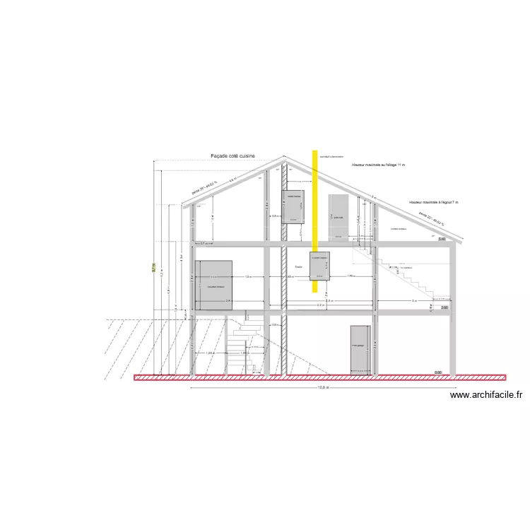 Coupe côté cuisine avec escalier. Plan de 9 et 49 m² Coupe côté cuisine avec escalier. Plan de 9 et 49 m²