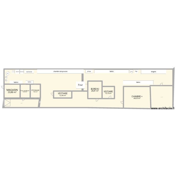 boulangerie. Plan de 12 pièces et 718 m2