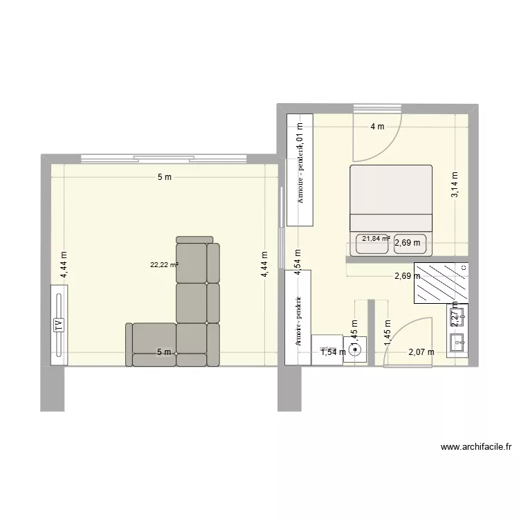 Extension Templeuve. Plan de 2 Pièces et 44 m² Extension Templeuve. Plan de 2 Pièces et 44 m²