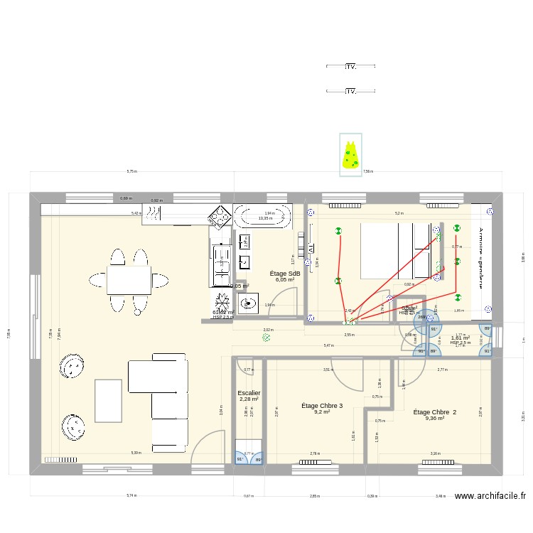 Etage CHAMBARD Charles amenagement chambre haute V3. Plan de 15 pièces et 205 m2