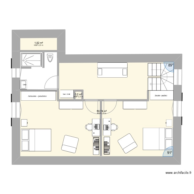 plan fanny etage. Plan de 3 pièces et 53 m2