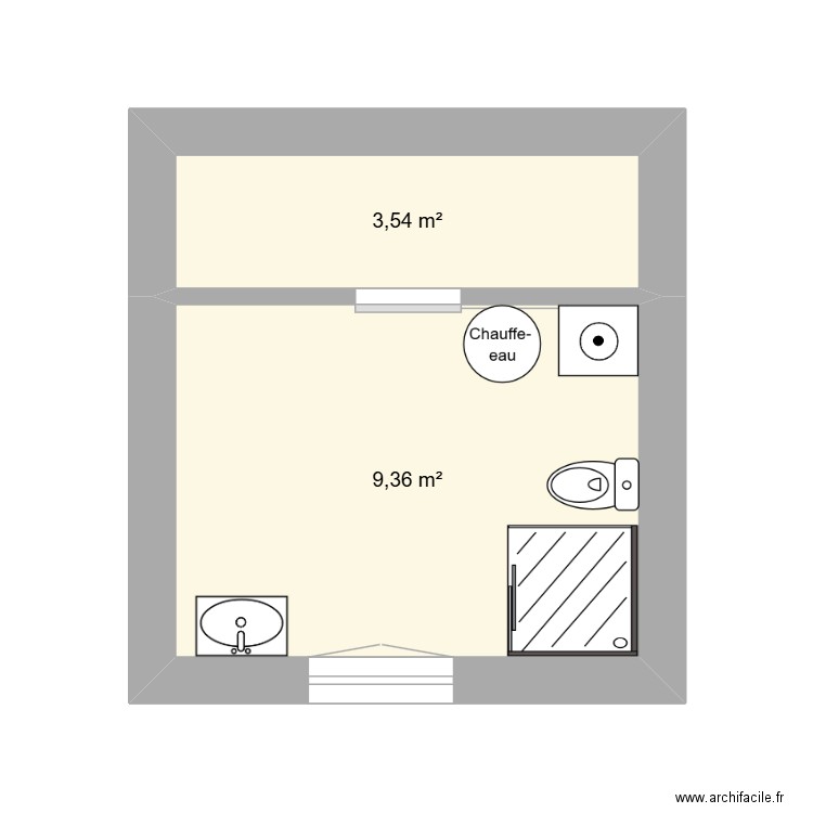 SDB. Plan de 2 pièces et 13 m2