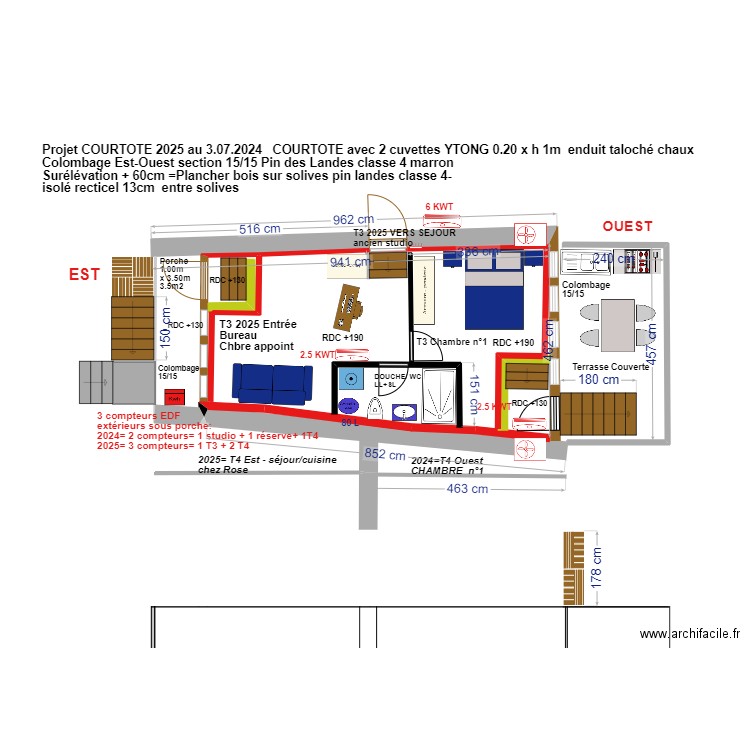 plan courtote 2D 2024 après travaux Porche+  cuisine + chambre sdb petite. Plan de 2 pièces et 17 m2