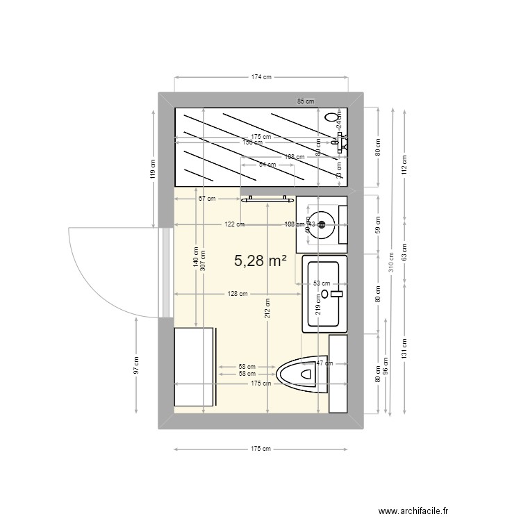 Salle de bain PM 8 douche 175x80. Plan de 1 pièce et 5 m2
