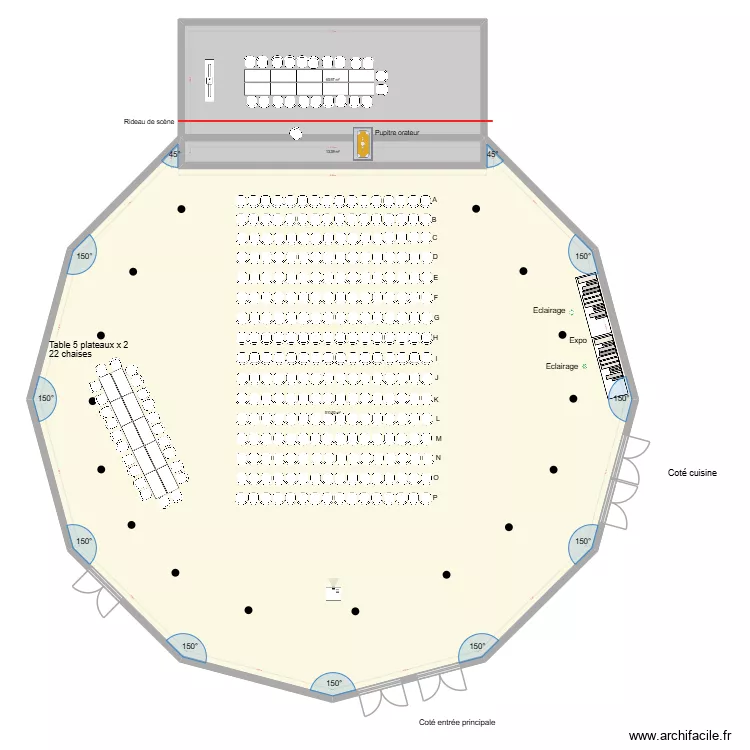 Grande salle avec pav&eacute; de chaises X 256 + ateliers. Plan de 3  et 590 m²