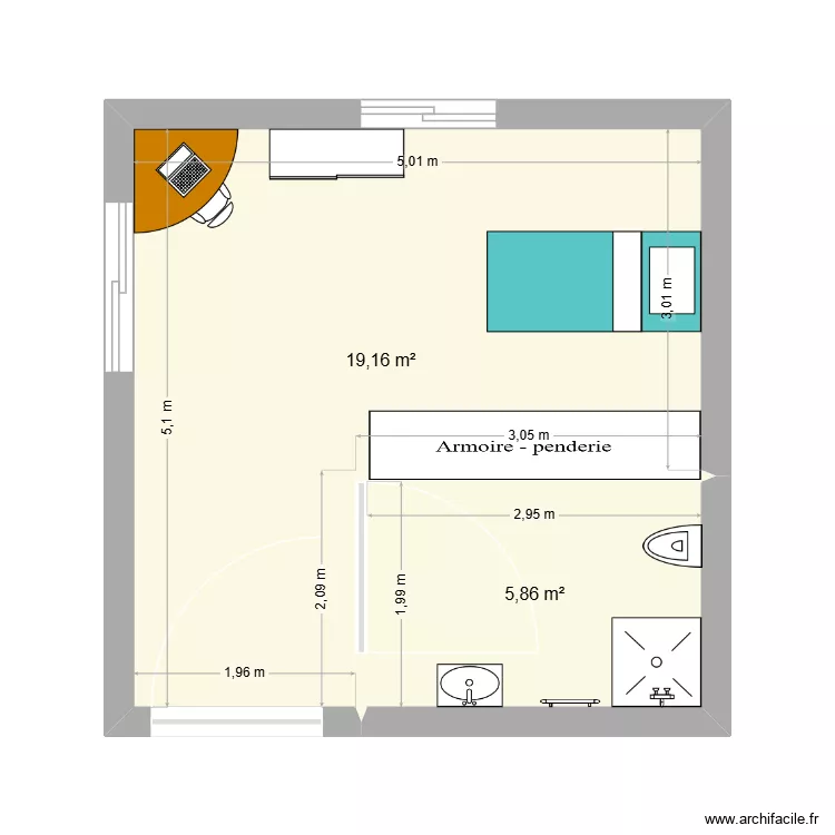 chambre ehpad. Plan de 2 pièces et 25 m²
