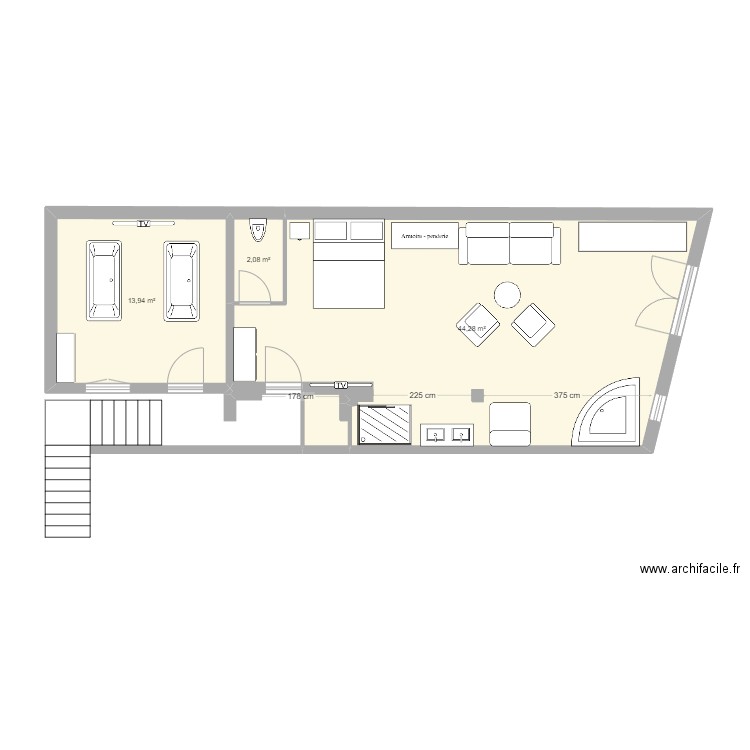 Mezzanine Vichy-2404. Plan de 3 pièces et 60 m2