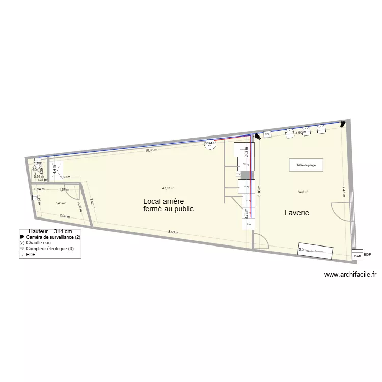 Plan initial Laverie. Plan de 4  et 88 m²