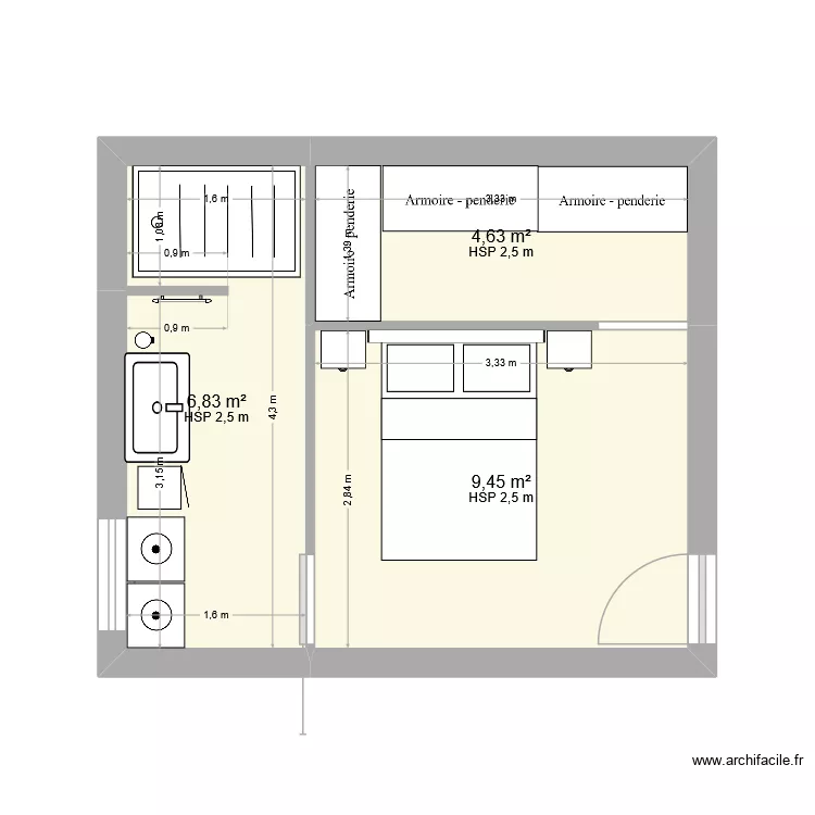 SUITE PARENTALE. Plan de 3  et 21 m²