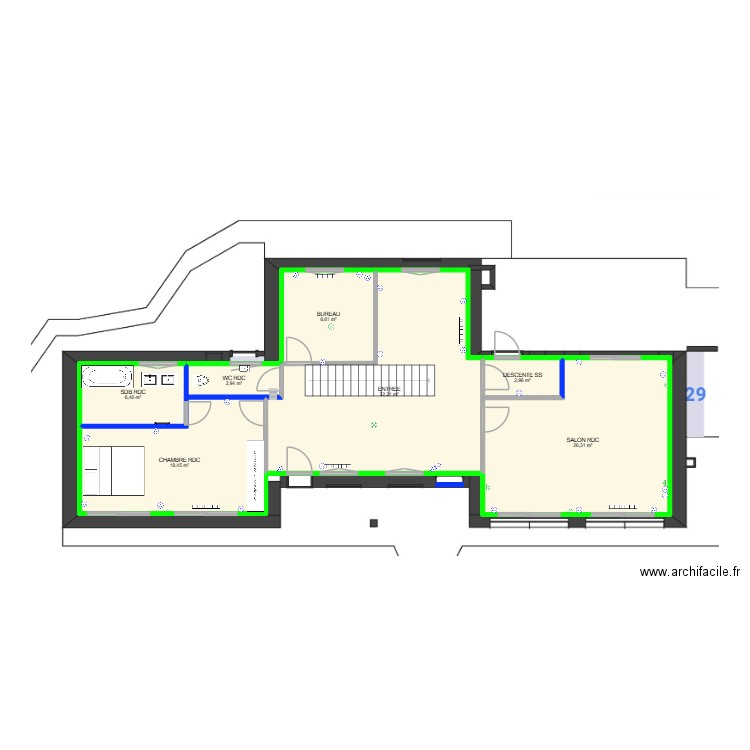 Colombes RDC. Plan de 7 pièces et 98 m2