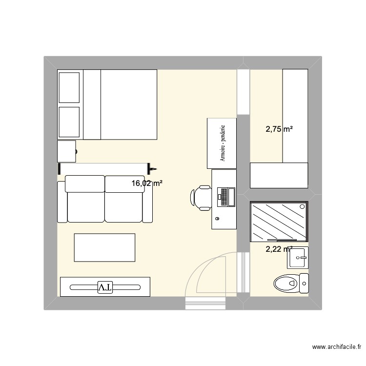 Appart. Plan de 3 pièces et 21 m2