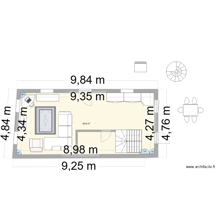 ppp. Plan de 1 pièce et 41 m2