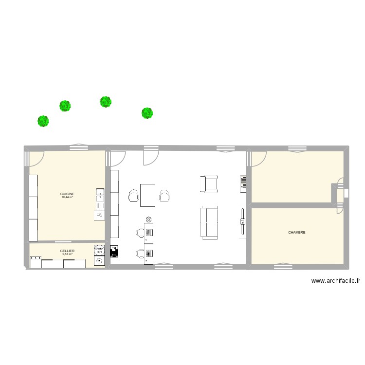 cuisine. Plan de 3 pièces et 53 m2