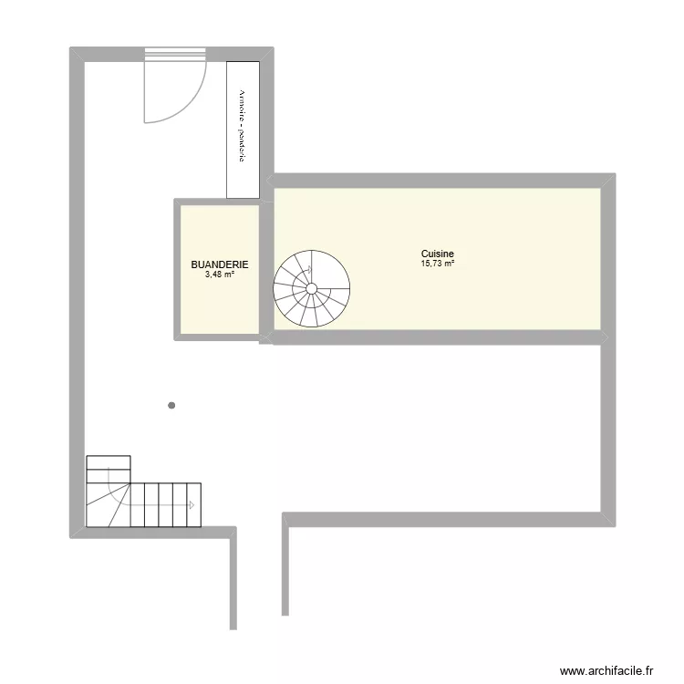 Entr&eacute;e buanderie cuisine. Plan de 2  et 19 m²