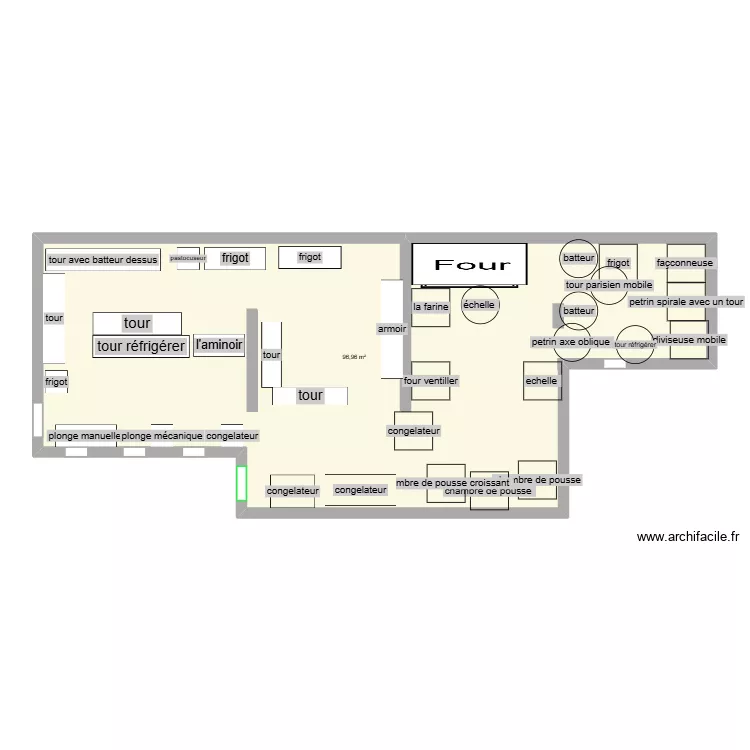 labo de boulangerie. Plan de 1  et 97 m²