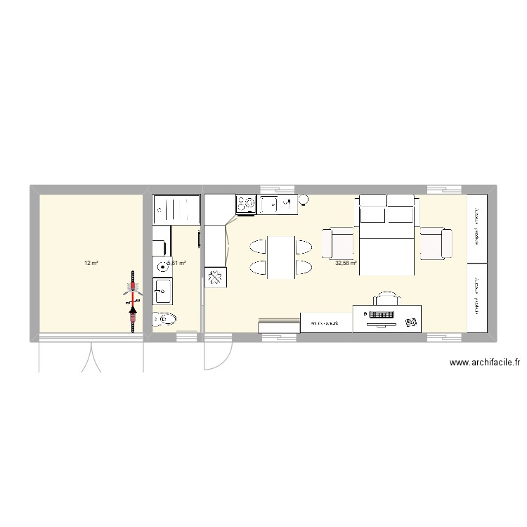 Maison Passive 4.5m x 12m. Plan de 3 pièces et 50 m2