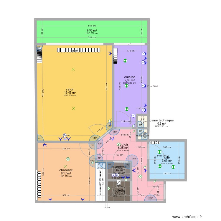 schéma de psotion. Plan de 10 pièces et 56 m2