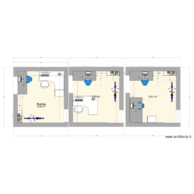 bureau. Plan de 3 pièces et 29 m2