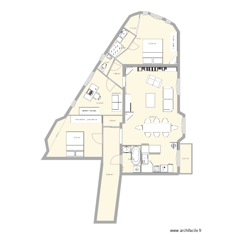 tolbiac 13eme sans toucher aux murs porteurs 4 salle de bain 3. Plan de 0 pièce et 0 m2