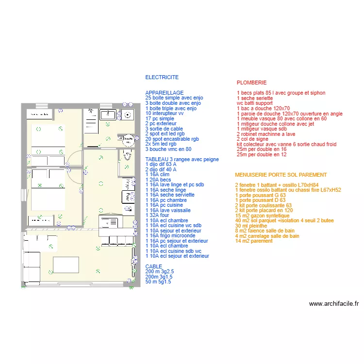 villa cap listing elec plomberie menuiserie. Plan de 
