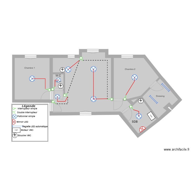 PLAN DELAMS éclairage & VMC. Plan de 7 pièces et 63 m2