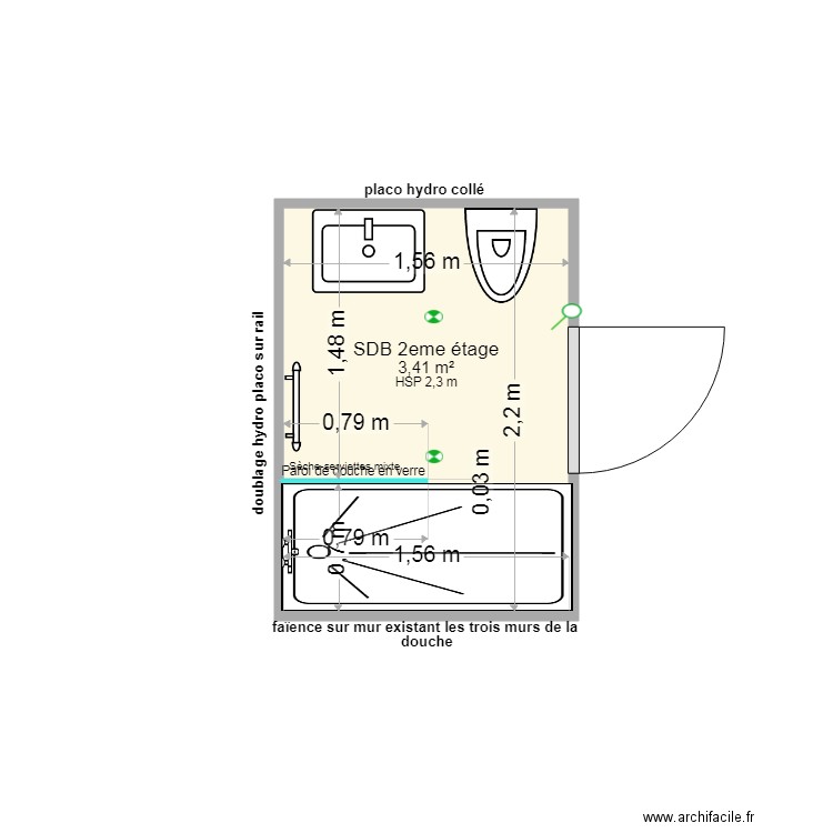 Nébias SDB 2eme Étage. Plan de 1 pièce et 3 m2